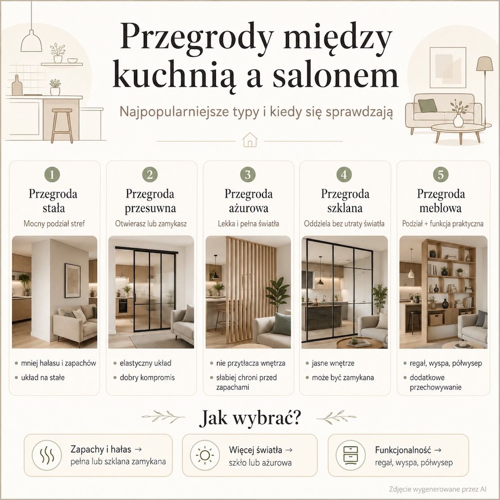 rodzaje przegród do salonu z kuchnią rodzaje przegród między kuchnią a salonem