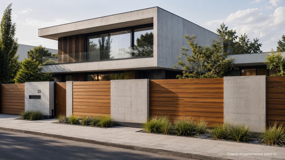 ogrodzenie z betonem architektonicznym i drewnem 